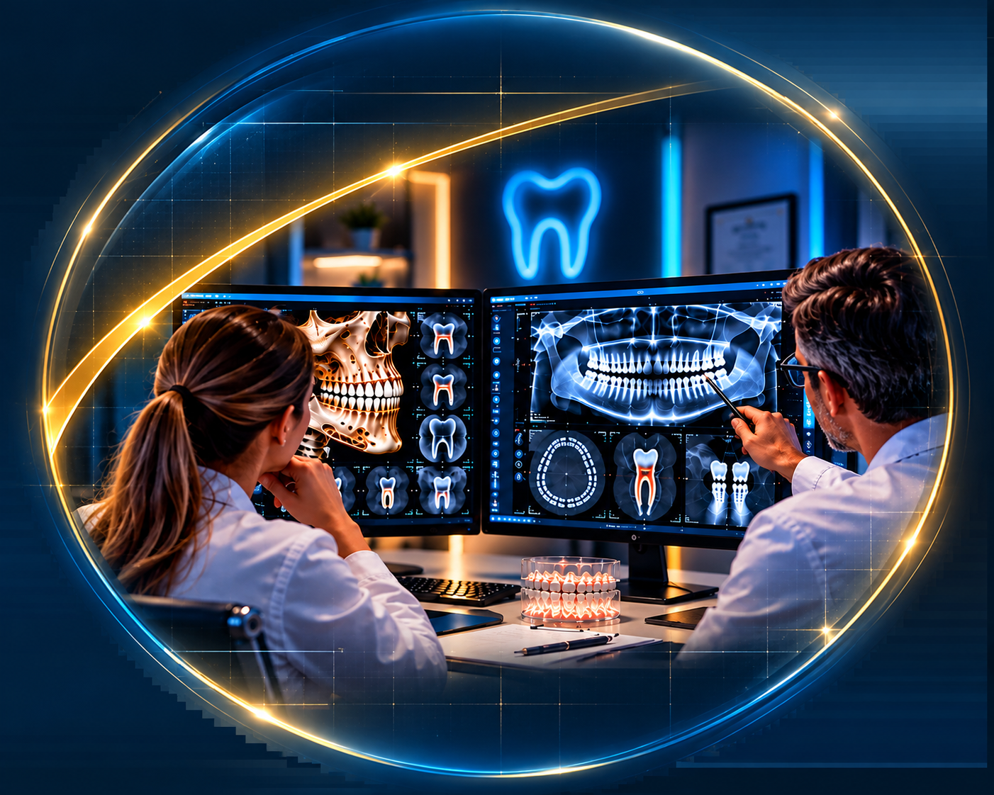 Profissionais analisando exames de radiologia odontológica