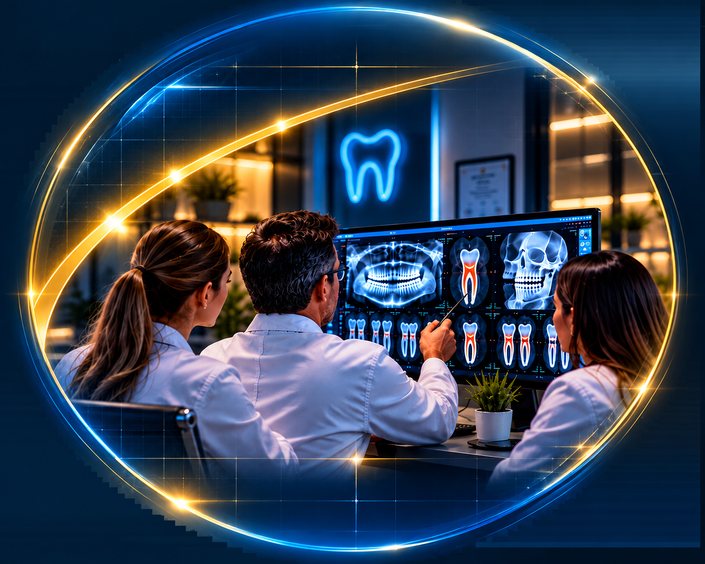 Equipe especializada analisando exames odontológicos